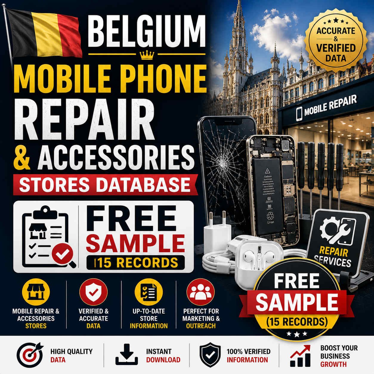 Belgium mobile phone repair and accessories stores sample - Free 15 records