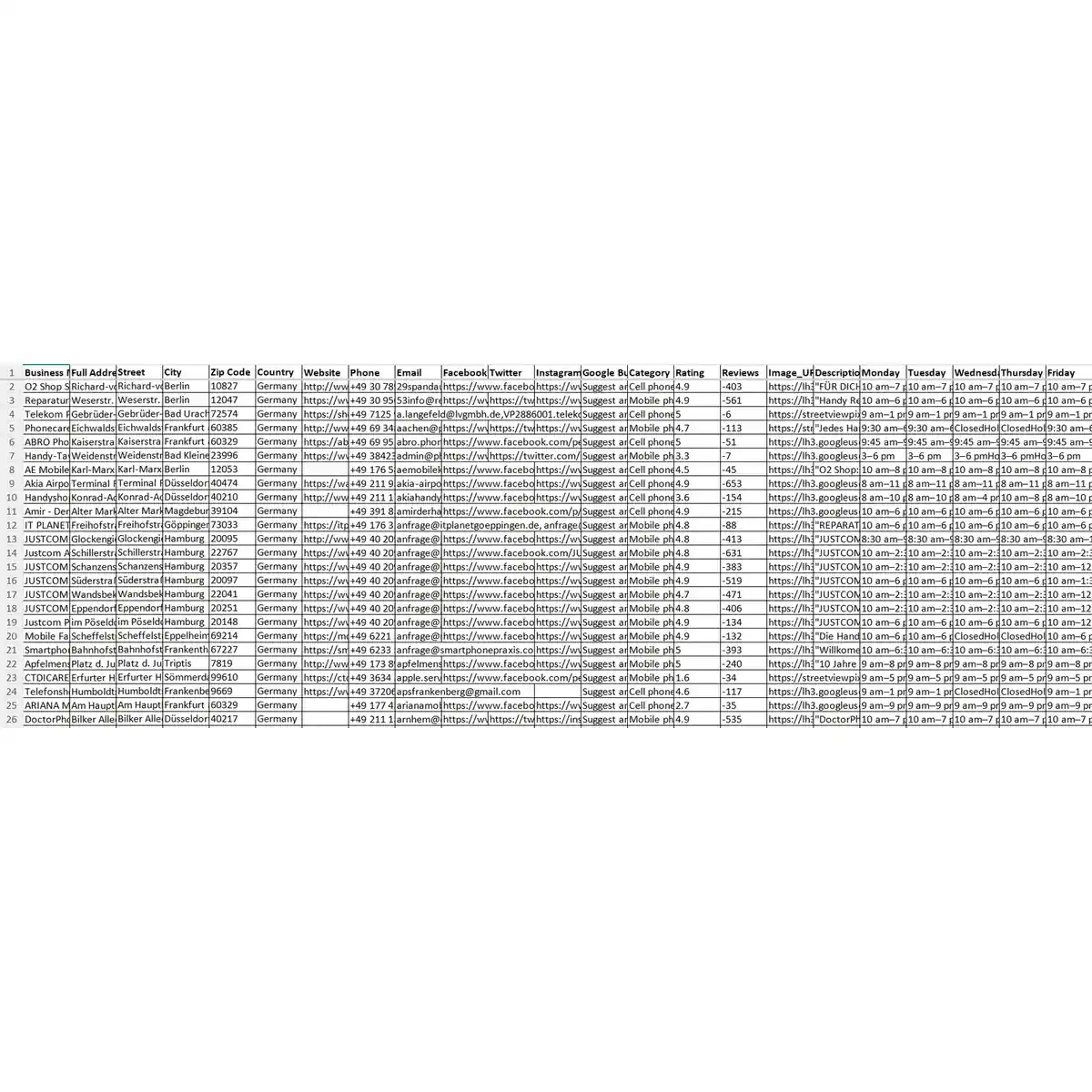 Preview of Germany mobile phone repair and accessories stores database data fields
