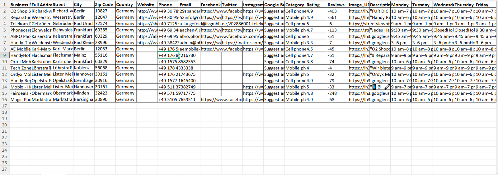 Preview of Germany mobile phone repair and accessories stores sample data fields