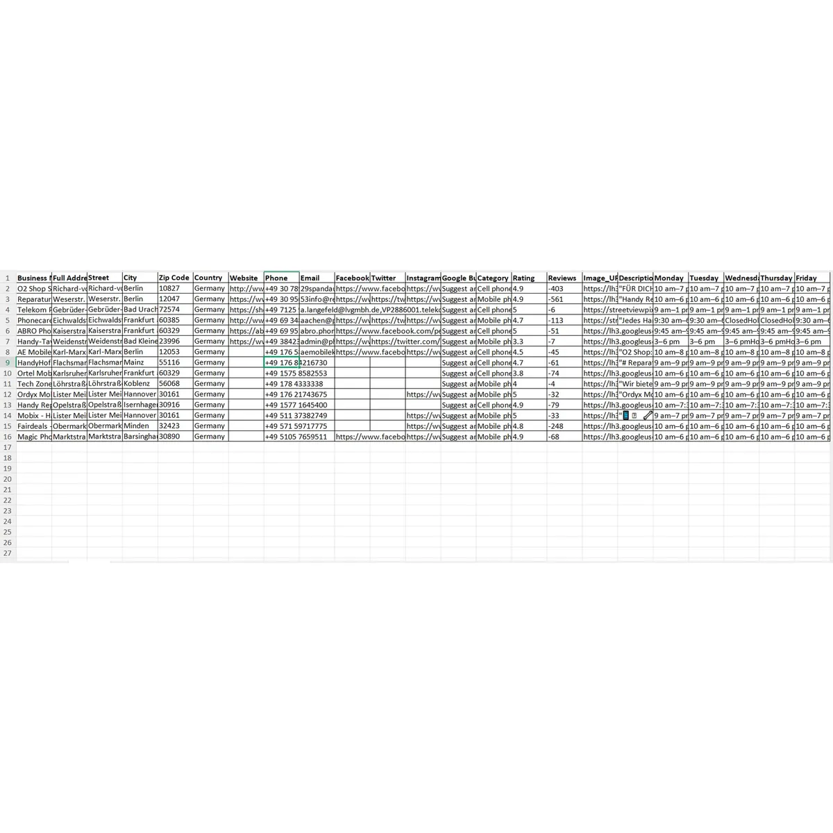 Preview of Germany mobile phone repair and accessories stores sample data fields