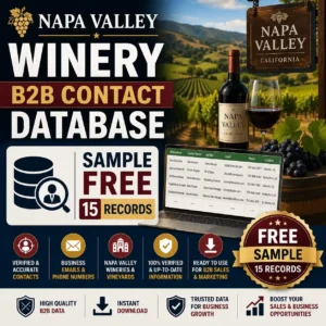 Napa Valley winery B2B contact database sample, free 15 records