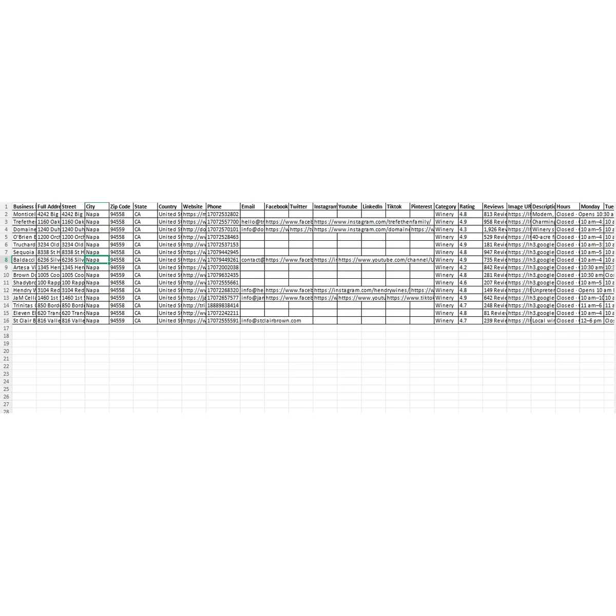 Preview of Napa Valley winery B2B contact database sample data fields
