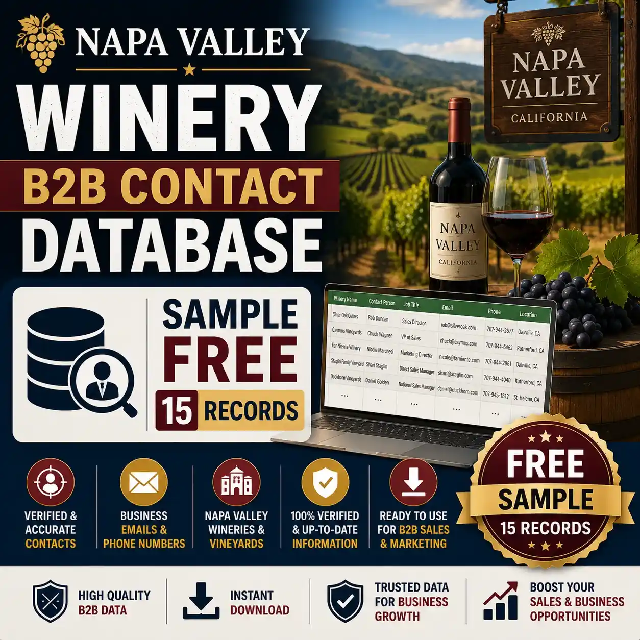 Napa Valley winery B2B contact database sample, free 15 records