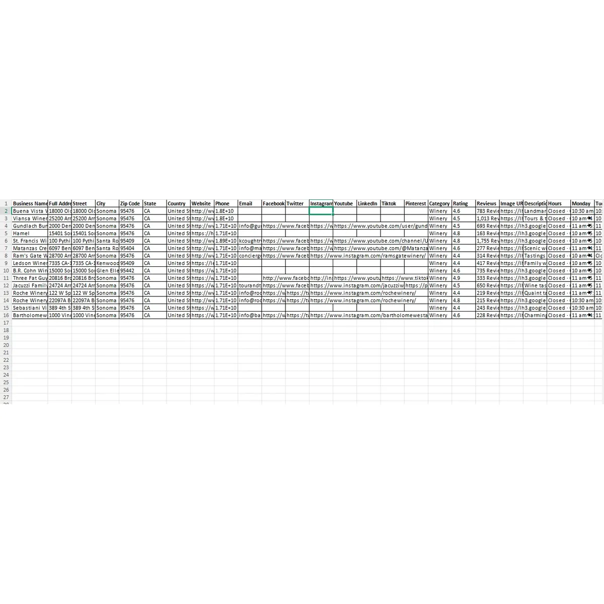 Preview of Sonoma County winery B2B database sample data fields