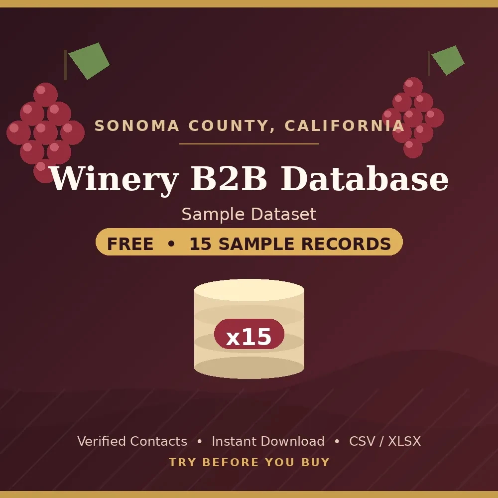 Sonoma County winery B2B database sample, free 15 records