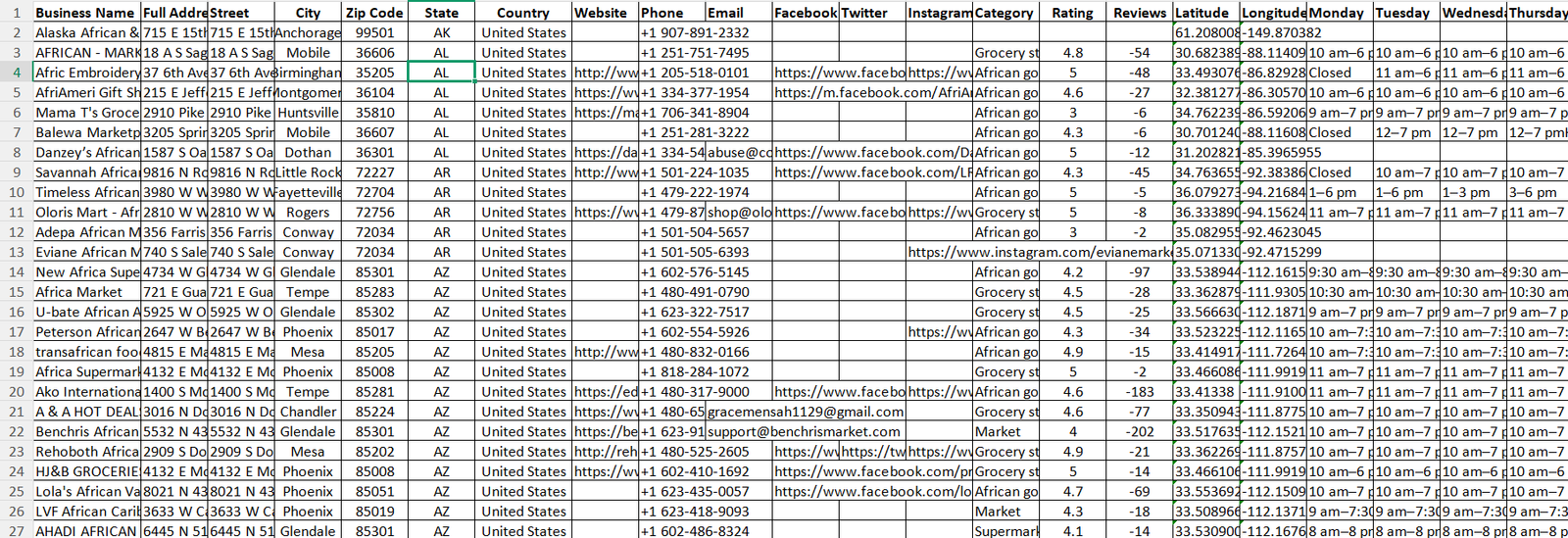 Preview of USA African grocery stores database data fields