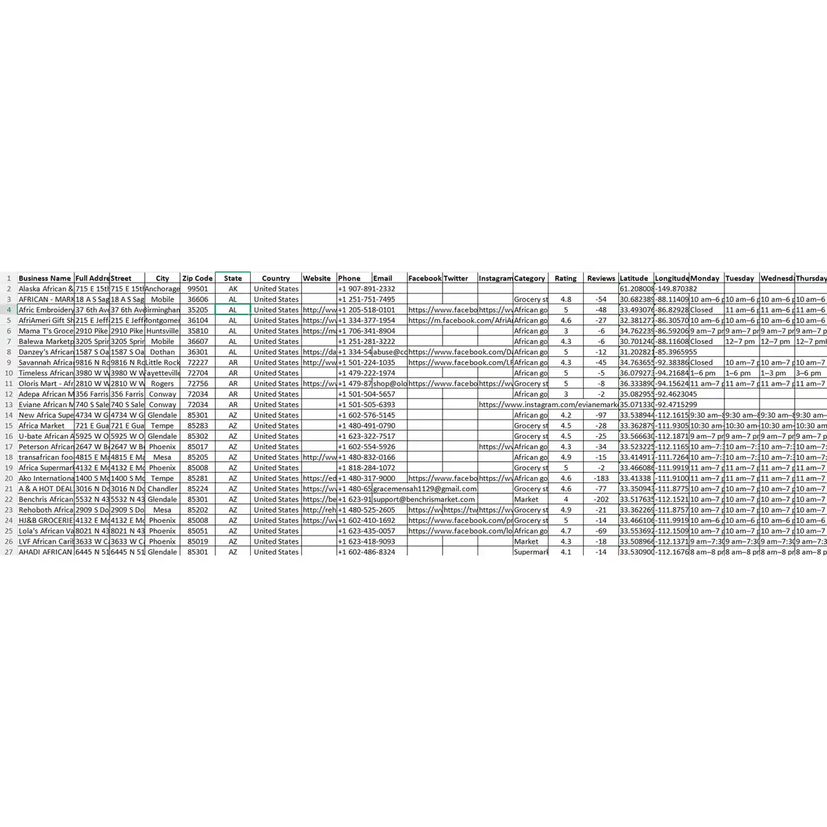 Preview of USA African grocery stores database data fields