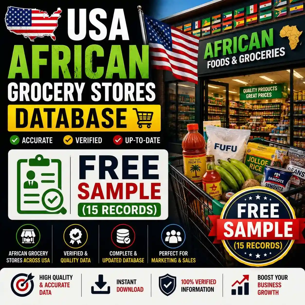 USA African grocery stores sample - Free 15 records, all states