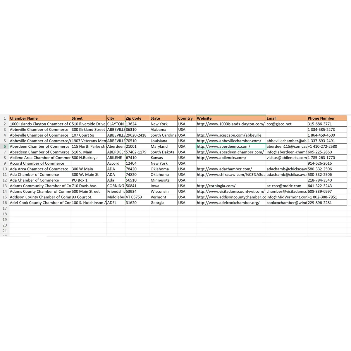Preview of USA chamber of commerce directory sample data fields