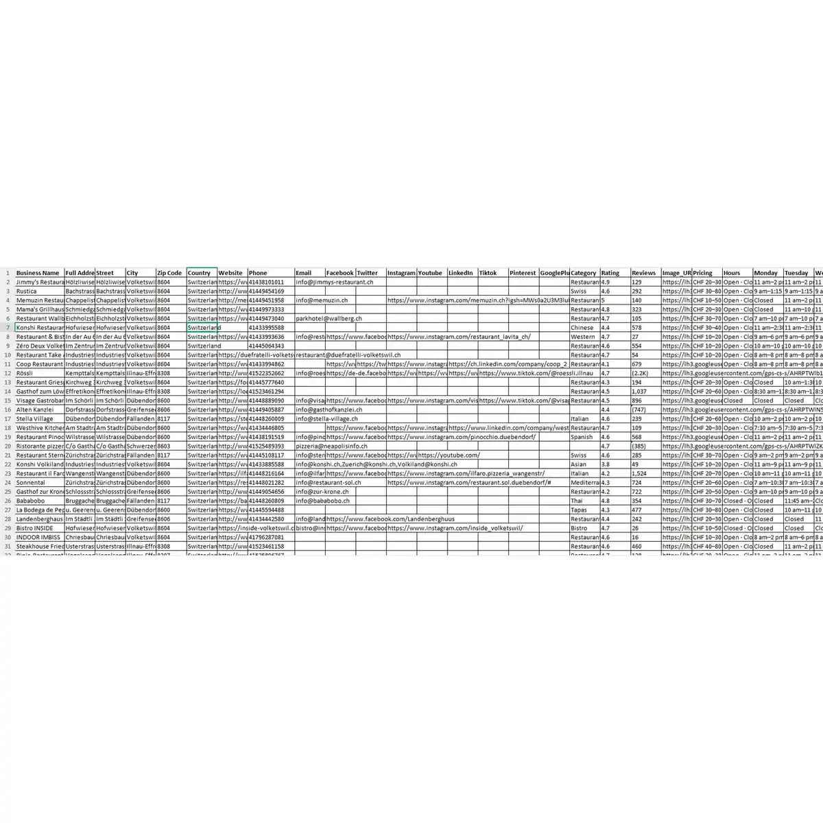 Preview of Zurich Switzerland restaurants database data fields