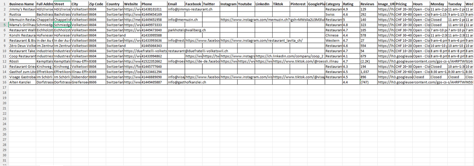 Preview of Zurich Switzerland restaurants sample data fields