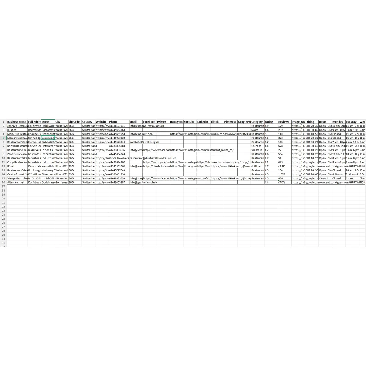 Preview of Zurich Switzerland restaurants sample data fields