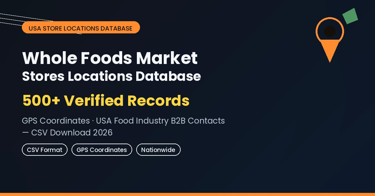 Whole Foods Market stores locations database 520 verified records GPS coordinates USA food industry B2B contacts CSV download 2026