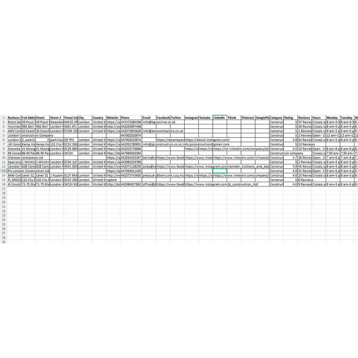 Preview of Greater London construction companies database data fields
