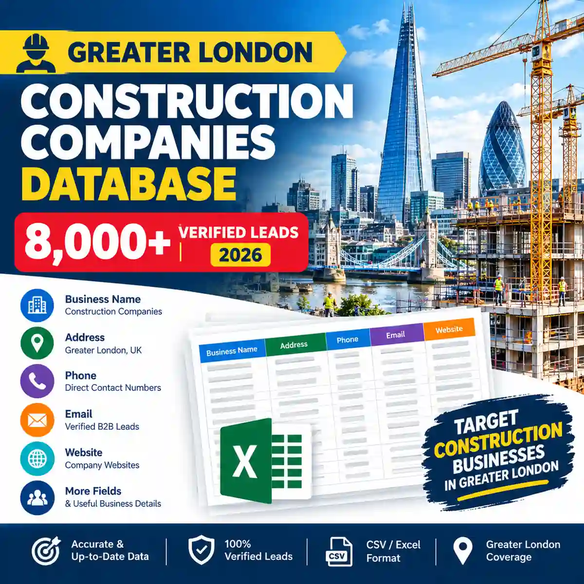 Greater London construction companies database, 8000+ verified leads, 2026