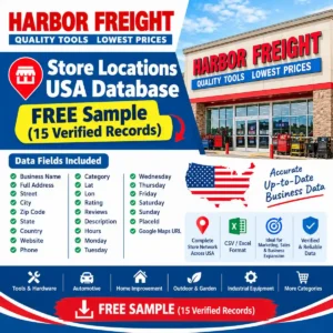 Harbor Freight store locations USA database sample, free 15 records