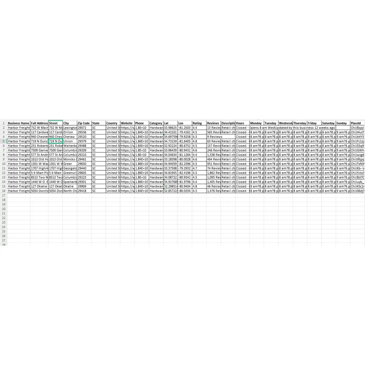 Preview of Harbor Freight store locations USA database sample data fields