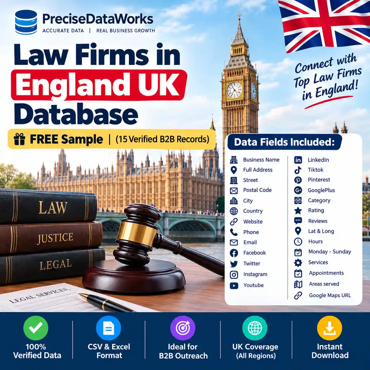 Law firms in England UK database sample, free 15 verified records