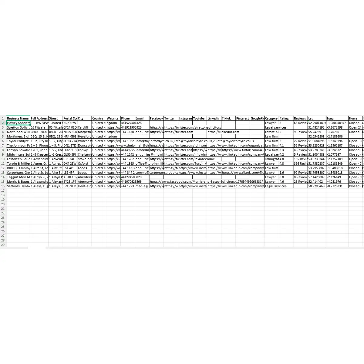 Preview of law firms UK database sample data fields