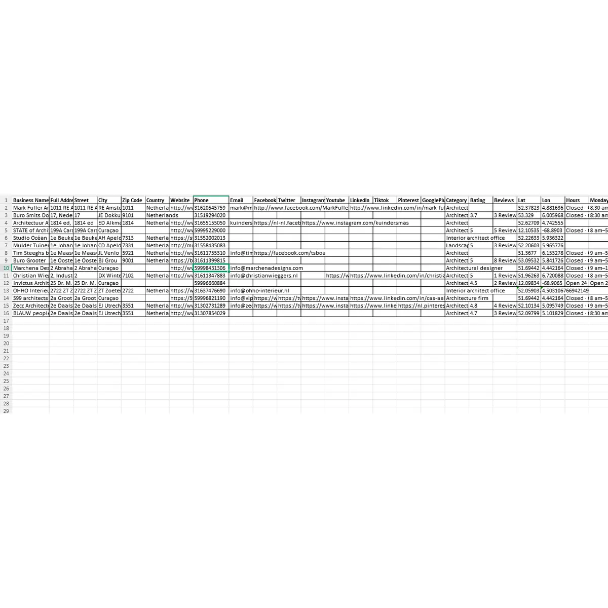 Preview of Netherlands architects database sample data fields