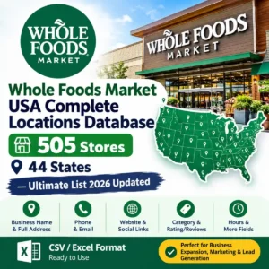 Whole Foods Market USA locations database, 505 verified stores, 44 states